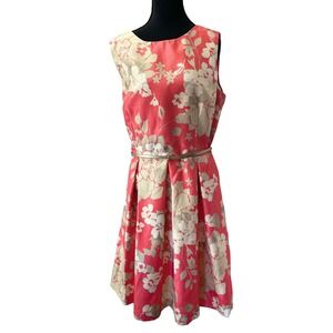 Karin Stevens Floral Fit Flare Dress Women 14 Coral Pink Belted Pockets Lined‎